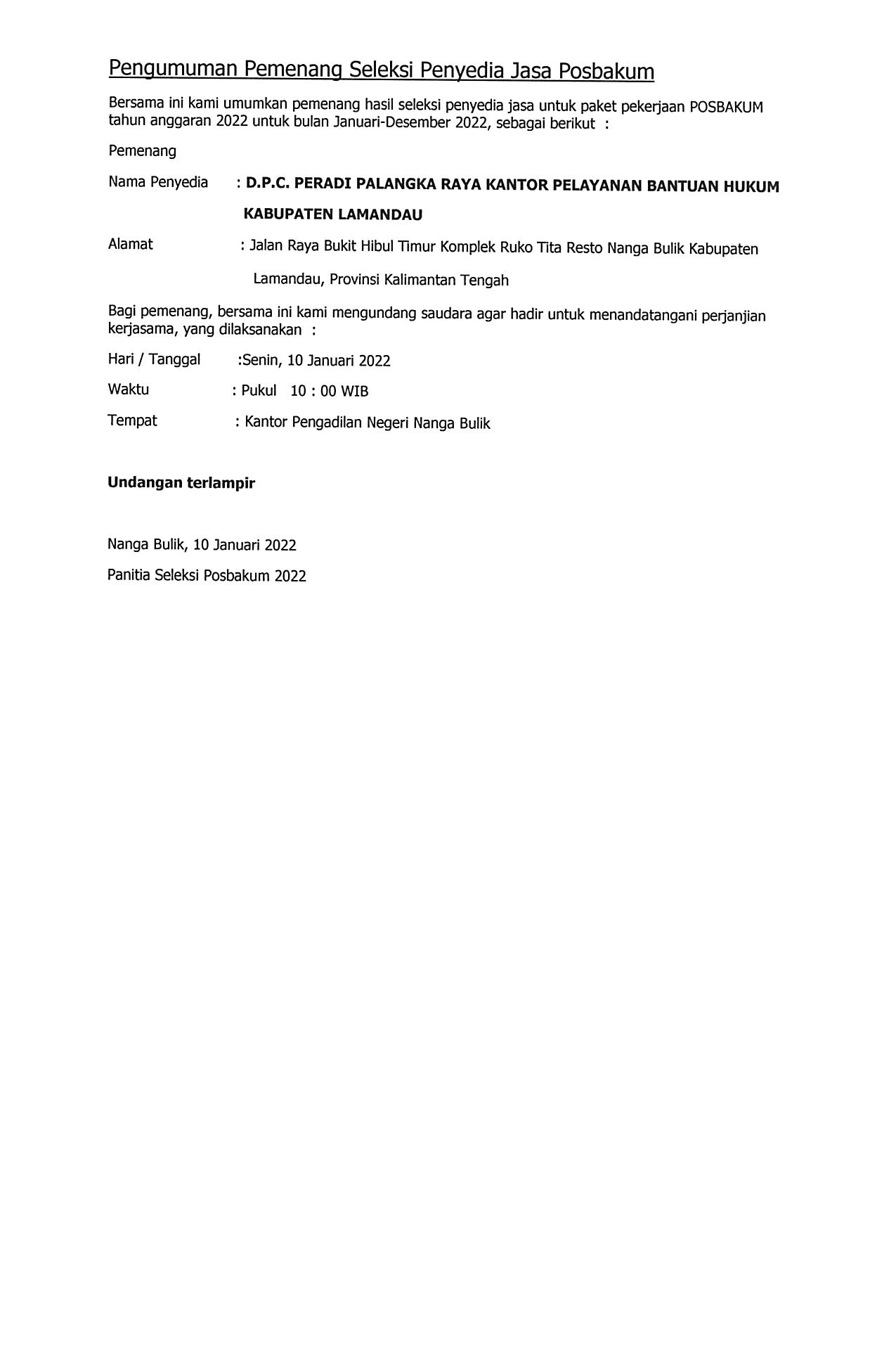 Pengumuman Hasil Akhir Seleksi POSBAKUM TA 2022