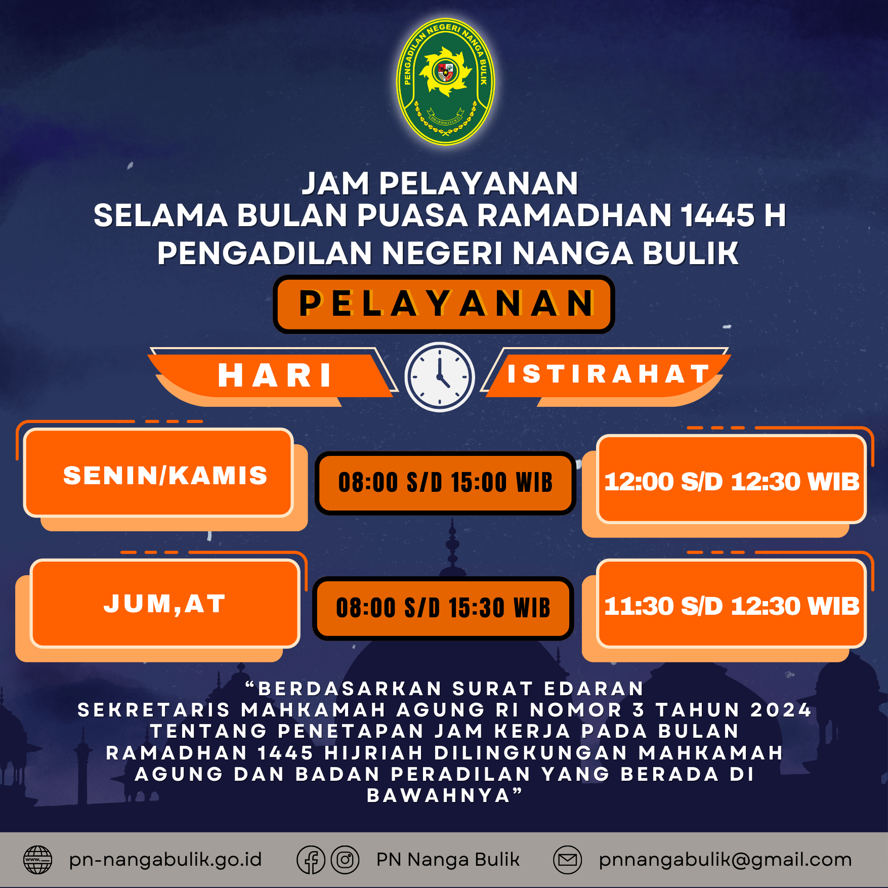 PENGUMUMAN Jam Kerja Pengadilan Negeri Nanga Bulik selama Bulan Ramadhan 2024